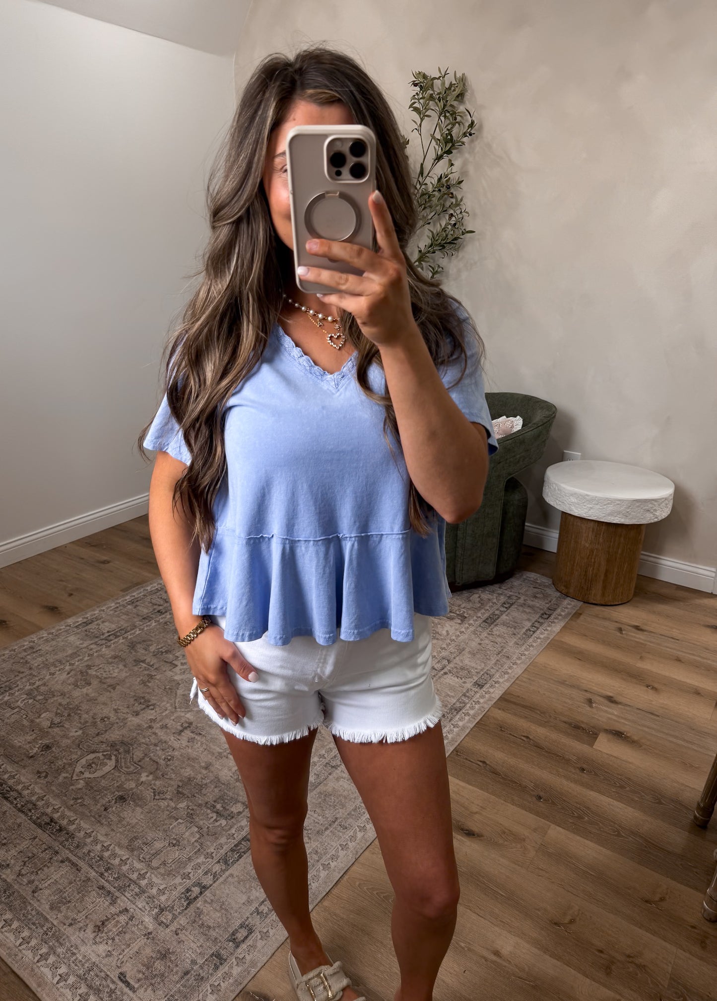 Everly Lace Trim Mineral Washed Knit Top - blue