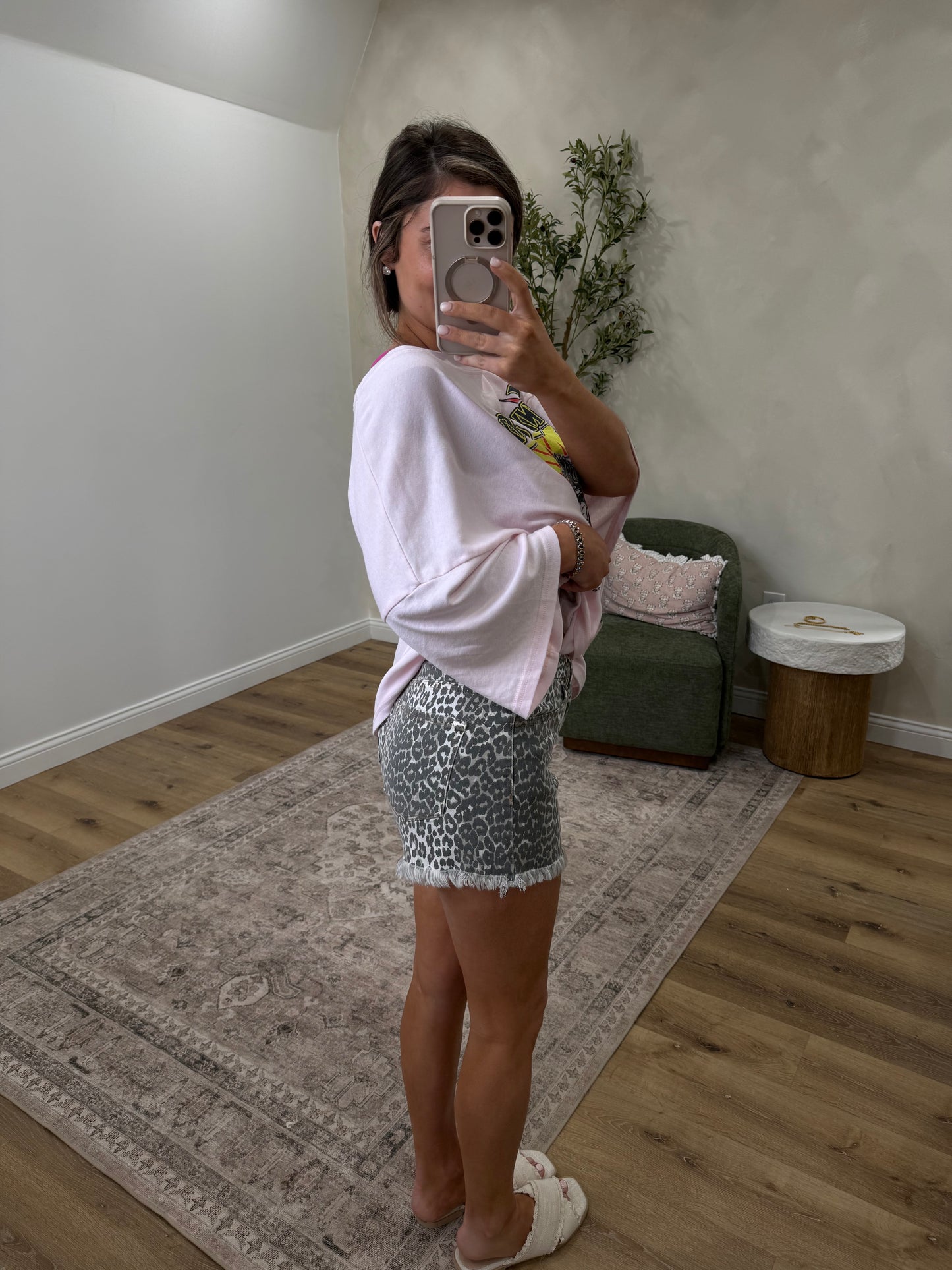 Zeva High Rise Leopard Denim Shorts