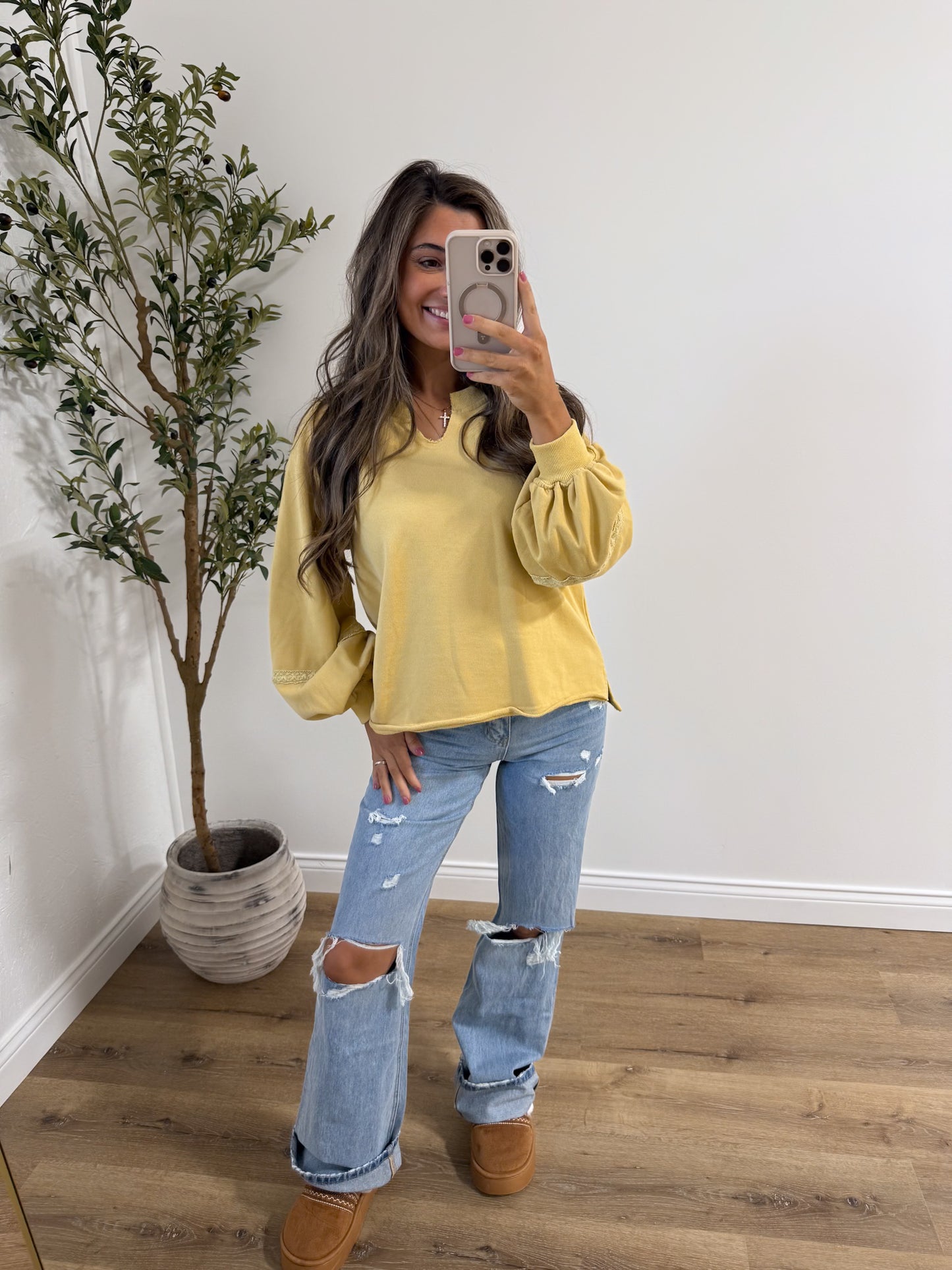 Maplewood marigold lace detail top