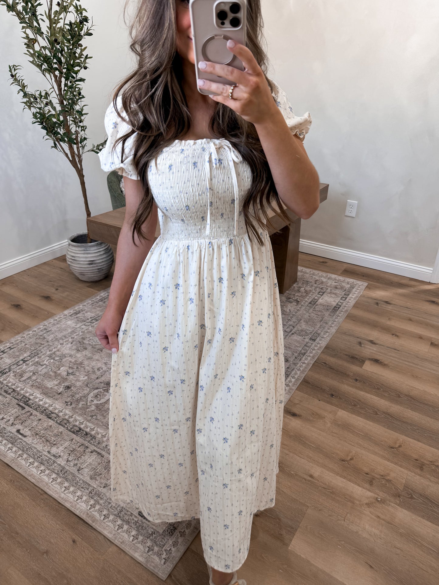 The Soft Spoken Smocked Floral Midi - cream