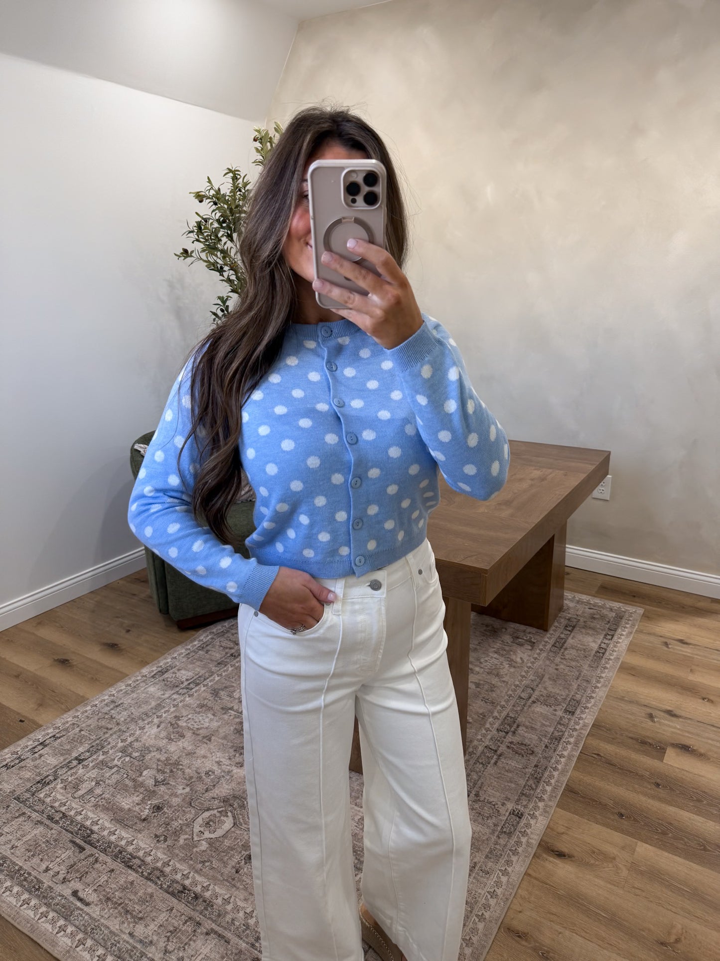 Callie Polka Dot Cropped Cardigan - light blue