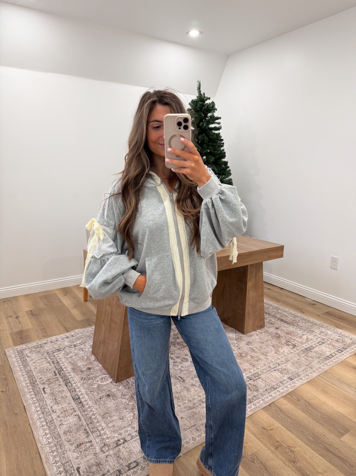 Balloon Sleeve Lace Trimmed Zipper Front Hoodie