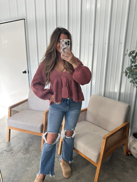 Knit Peplum Blouse- Mauve