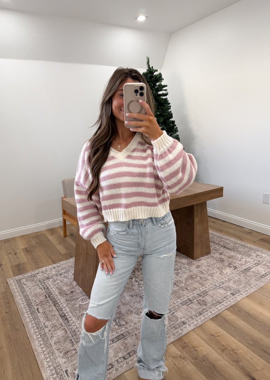 Striped Vneck Cropped Sweater- Pink