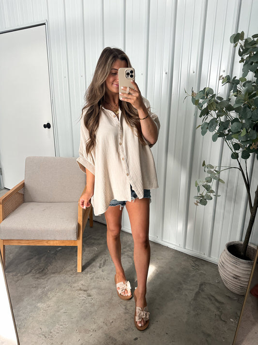 Beachy Gauze Button Up - Sand Beige