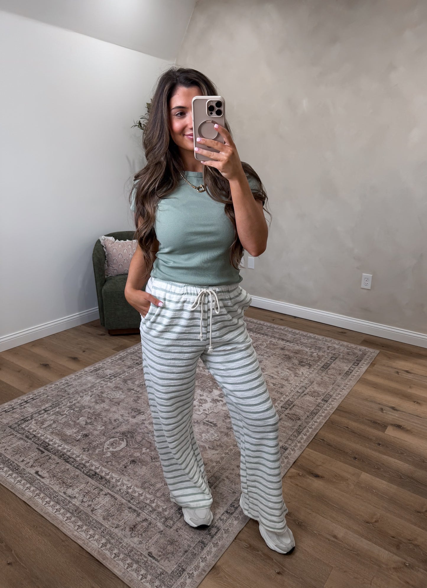 The Cozy Striped terry Pants - sage green