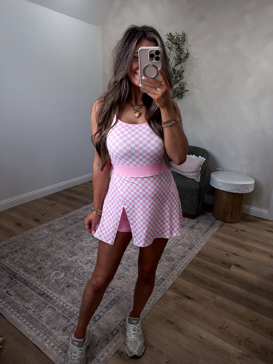 Sculpt Society Gingham Active Romper Dress - pink/white