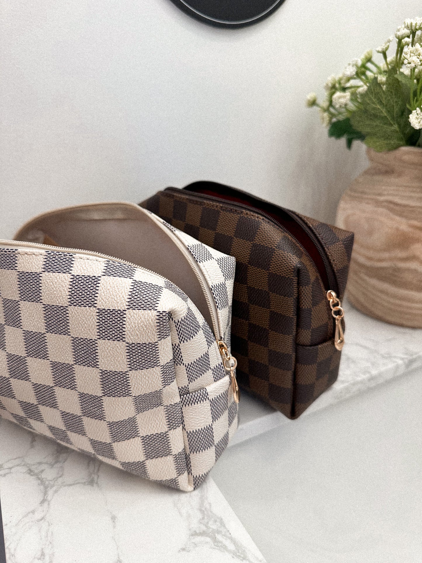 Luxe Leather Checkered Cosmetic Bag - 2 Shades