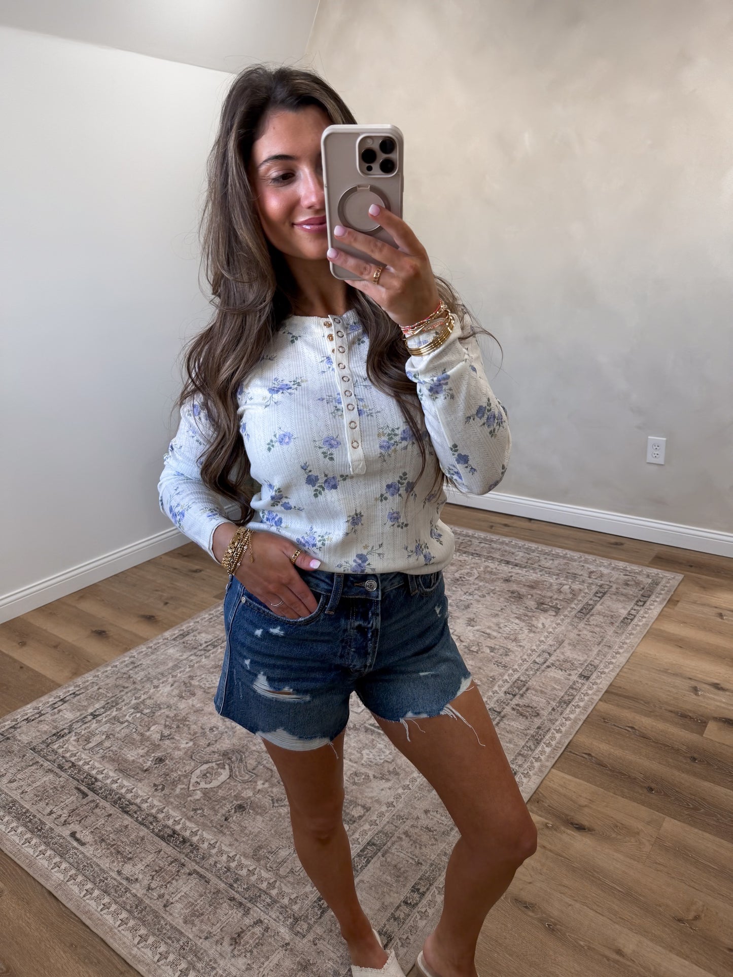 Soft Blooms Floral Henley Top - cornflower