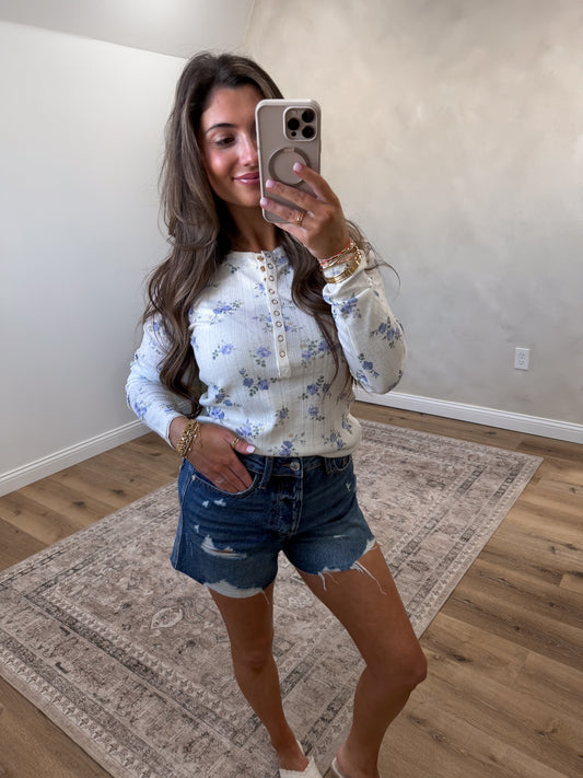 Soft Blooms Floral Henley Top - cornflower