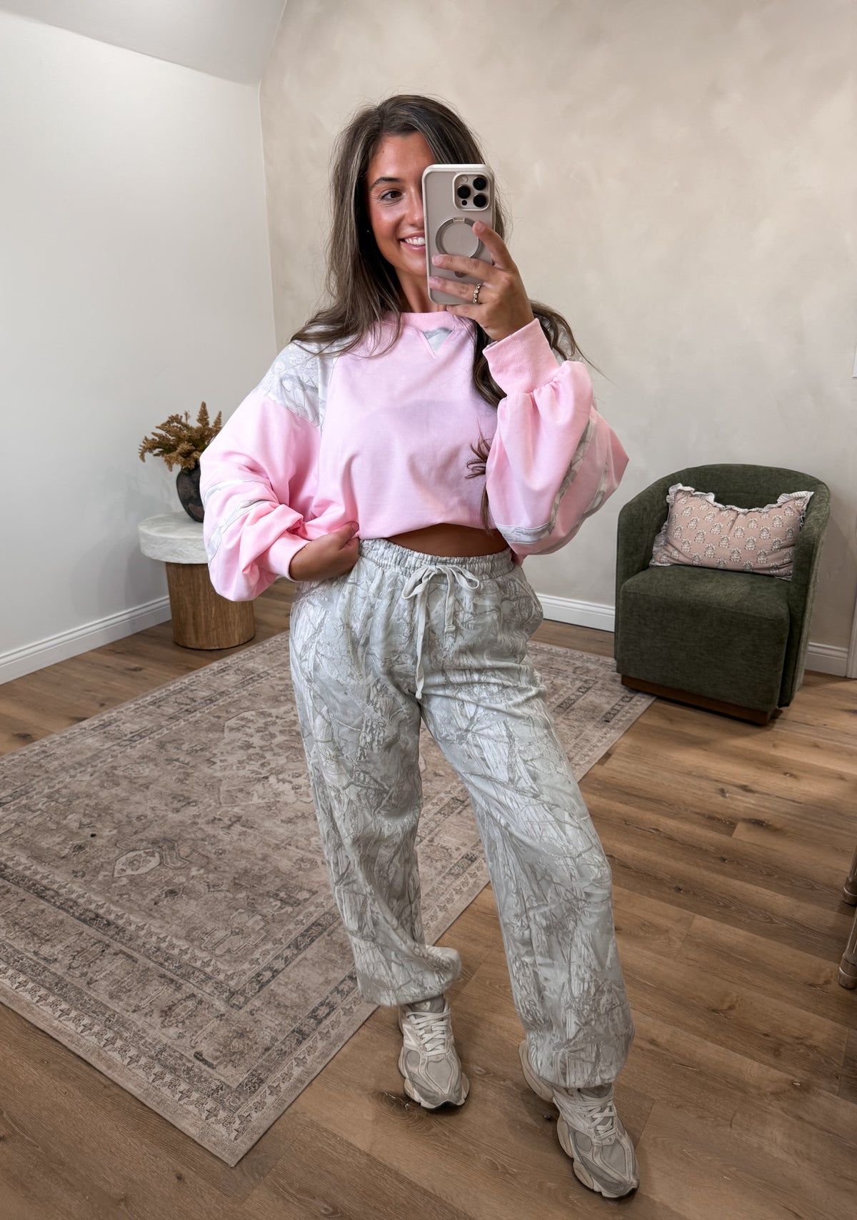 Colorblock Patched Camo Pullover-  pink