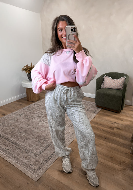 Colorblock Patched Camo Pullover-  pink