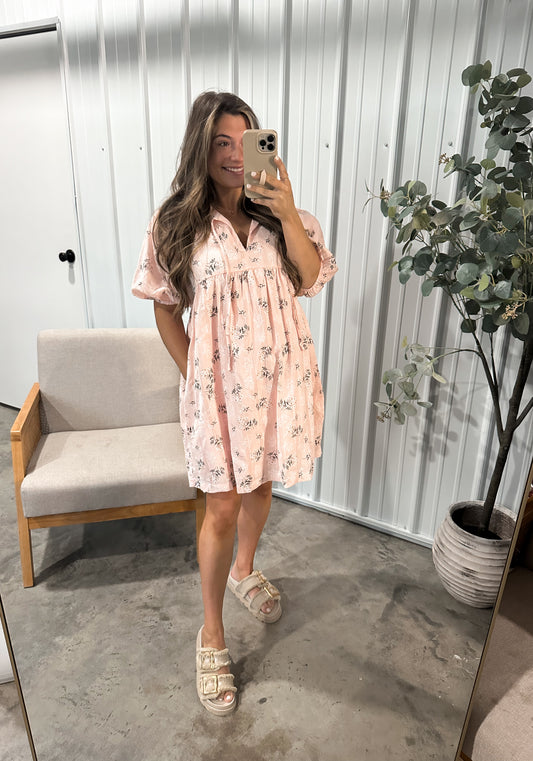 Dainty Floral Babydoll Dress- Blush