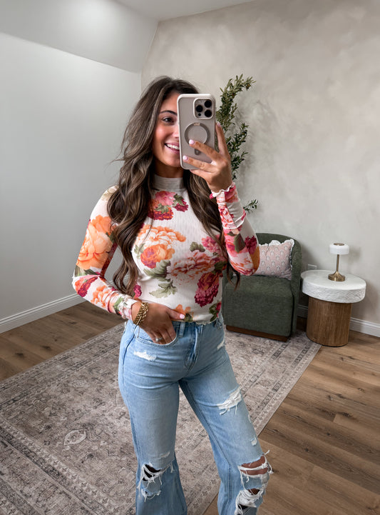 Tiffany Floral Mesh Top  - pink/cream