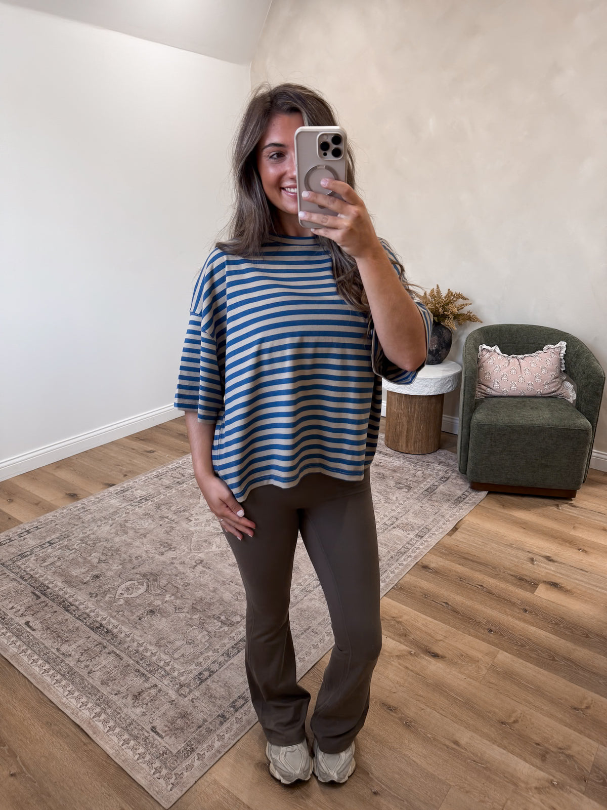 Perfect Day Oversized Stripe Boyfriend Tee - Tan
