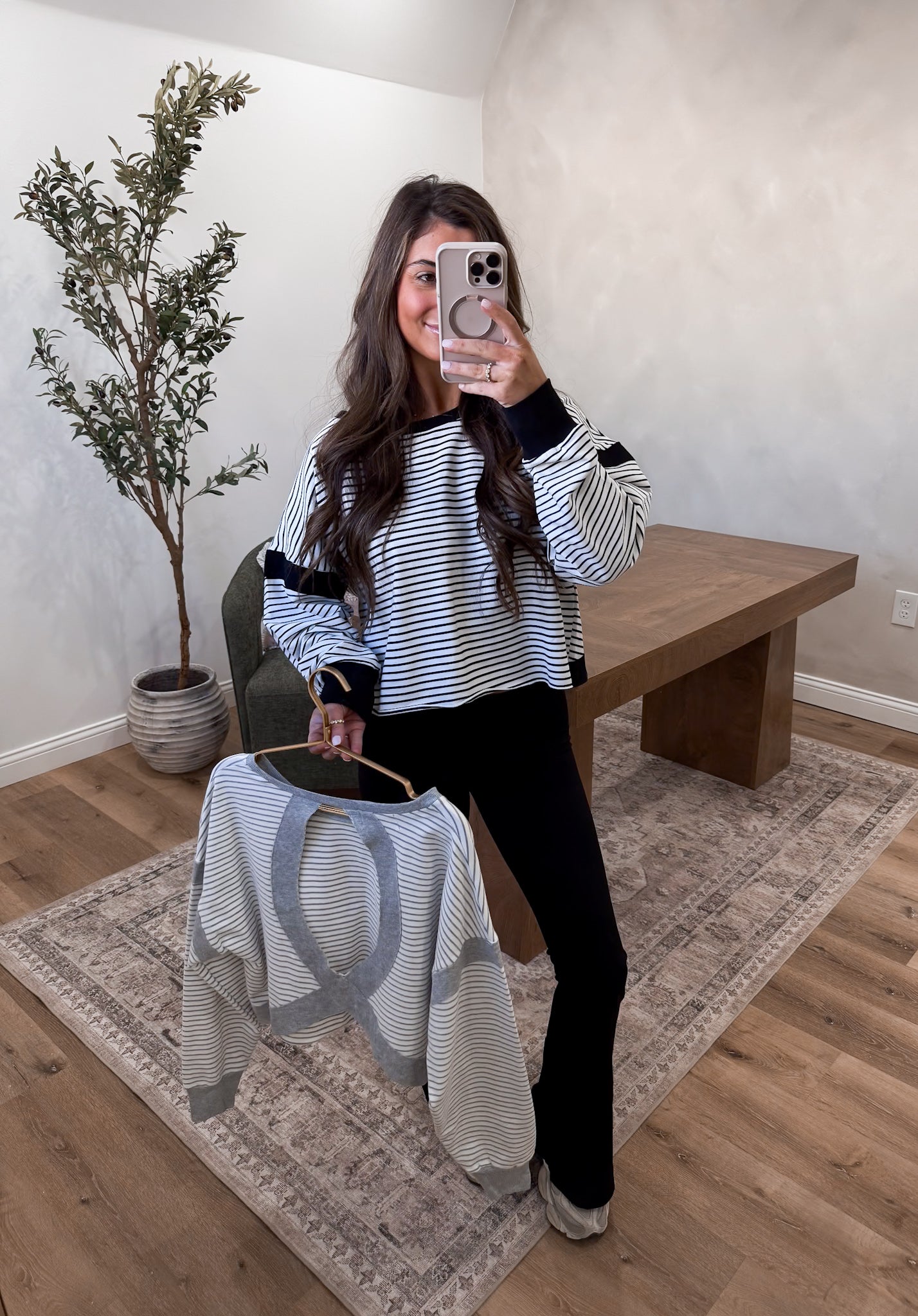 The Harper Striped open back pullover - white/black