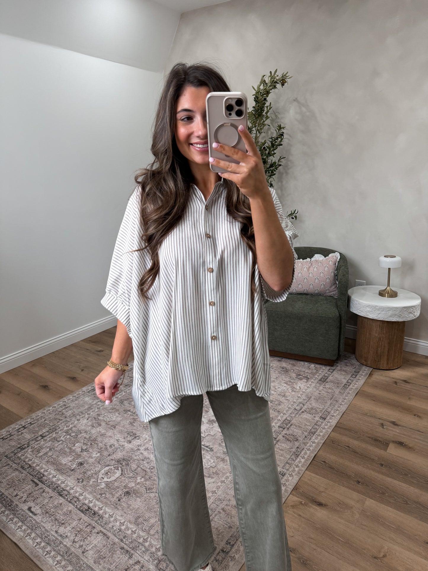 Myah Striped Boxy Button down - taupe