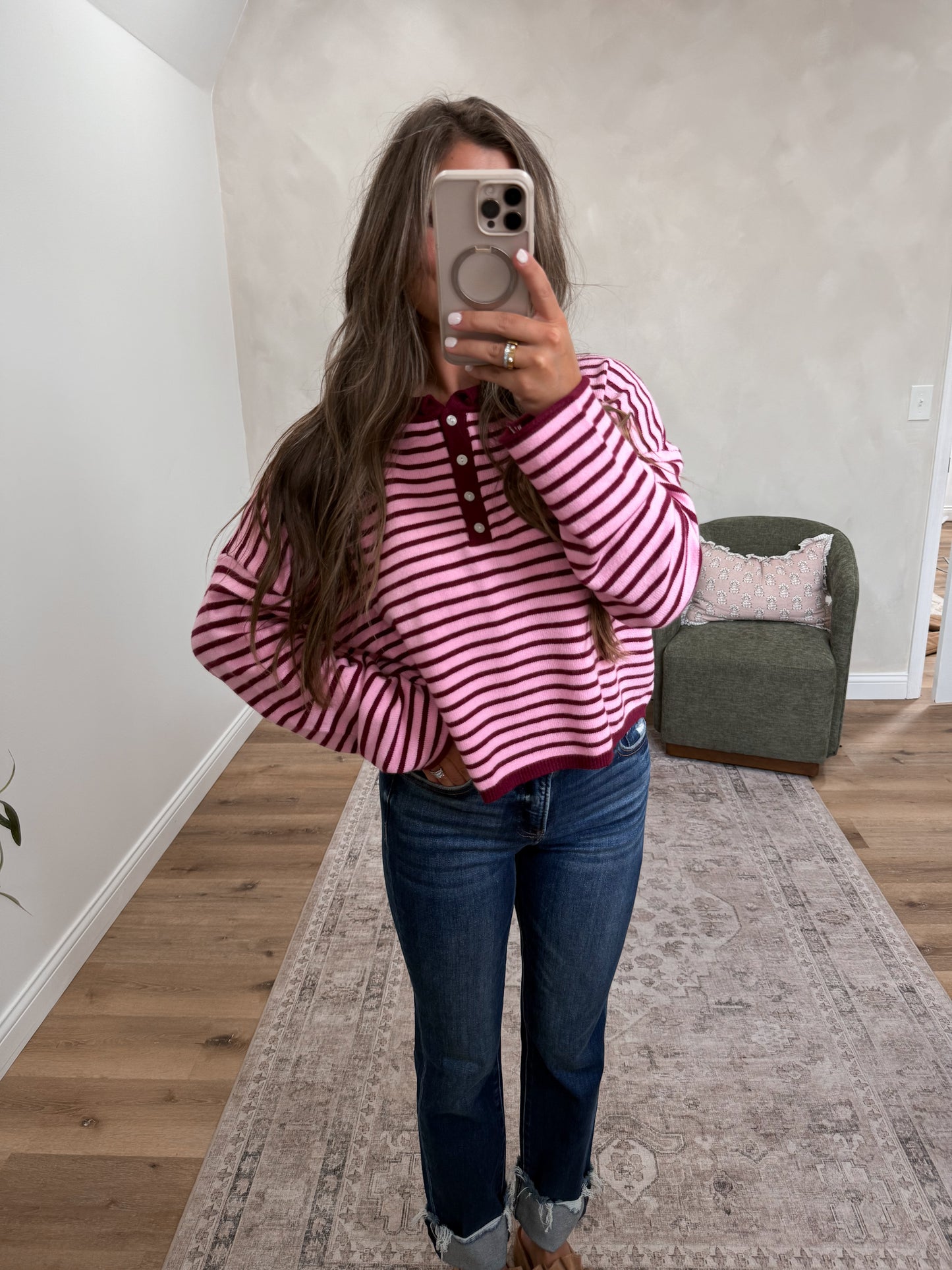 Striped Henley Pullover - pink/burgundy