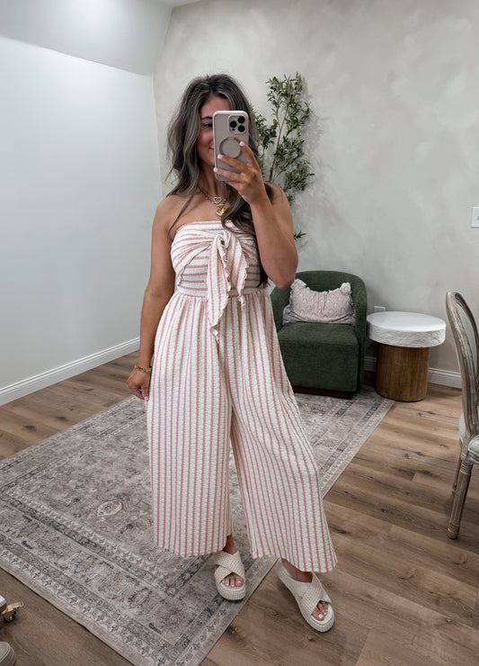 Coastal Glow Striped Strapless Jumpsuit - cream/pink