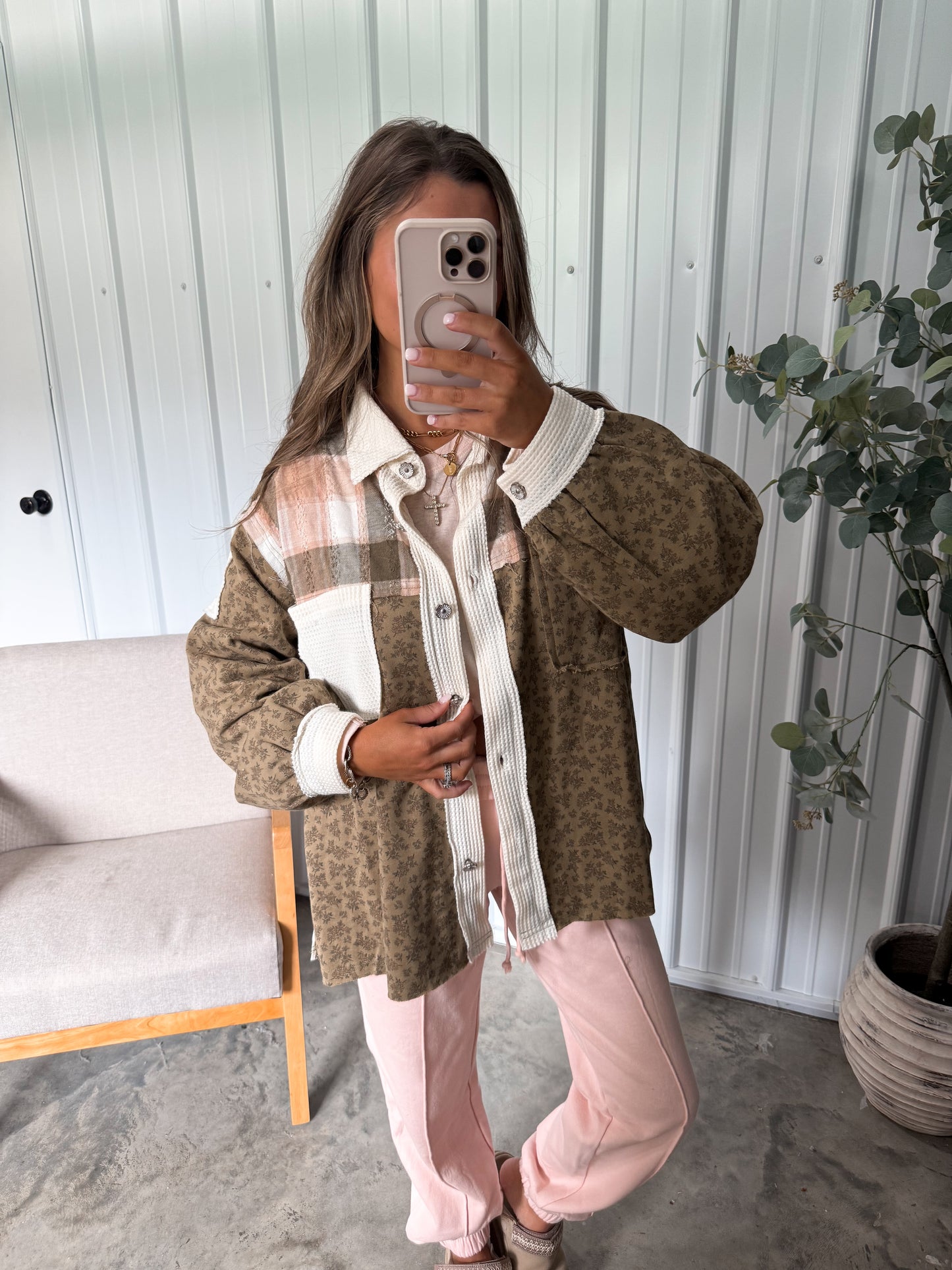 Olivia Patchwork Shacket- Olive/Pink