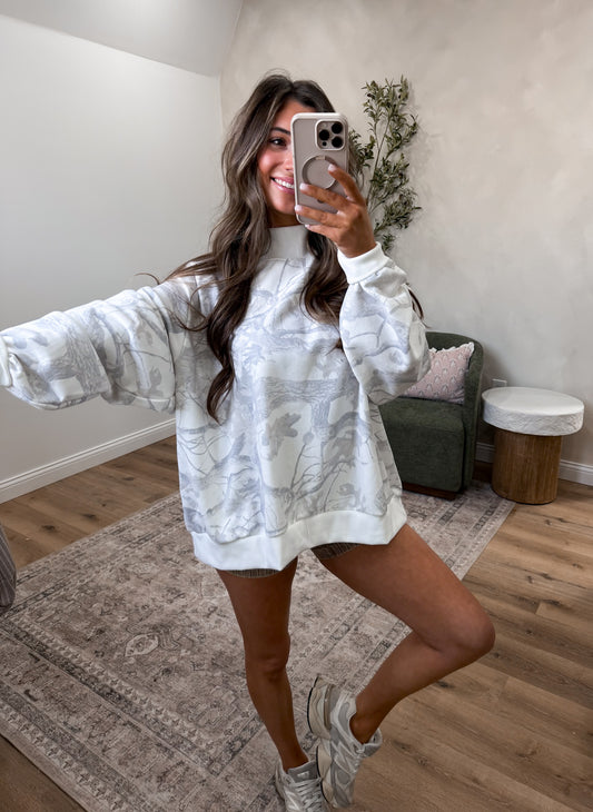 Camo Oversized Mock Neck Pullover - ivory/grey