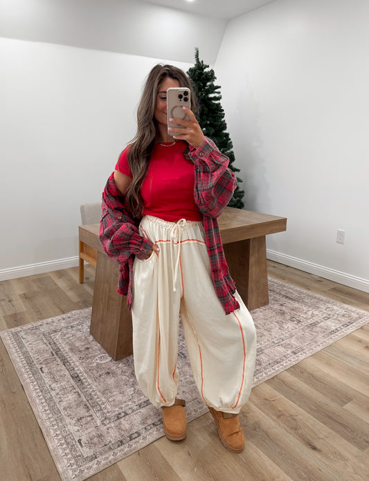 On the go girl Barrel Joggers- cream/red
