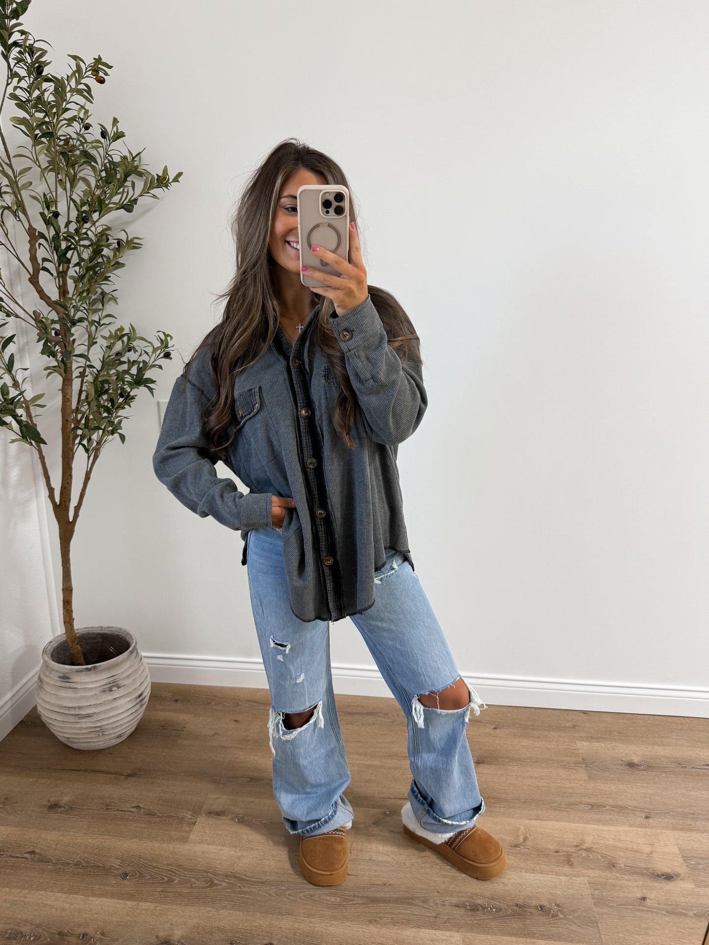 Pine haven washed waffleknit button down