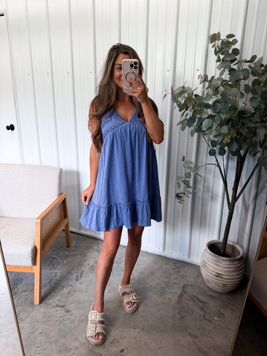 Lacey V-Neck Dress- Denim Blue