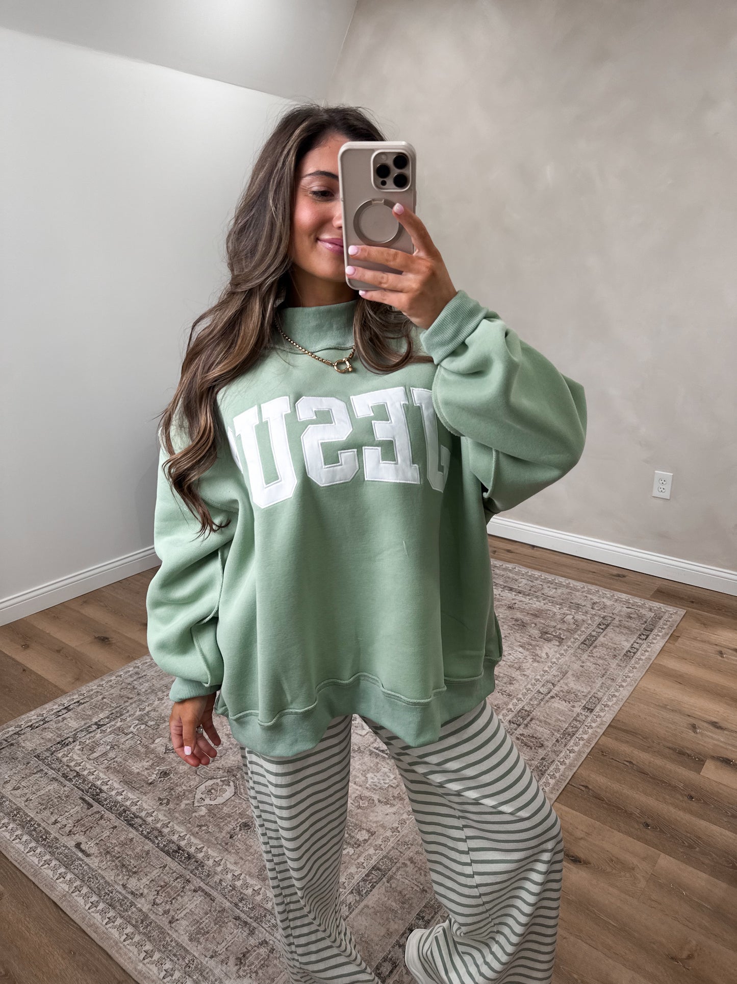 JESUS Embroidered Mock Neck - sage