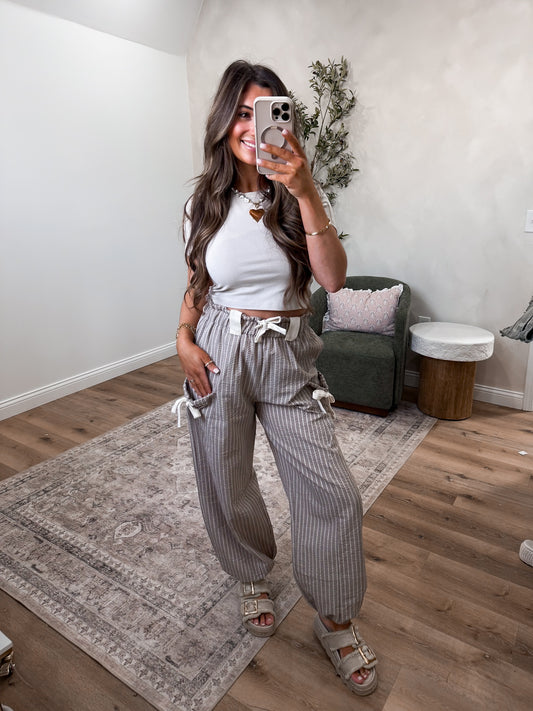 Baylynn Bow Detail Striped Pants - taupe/white