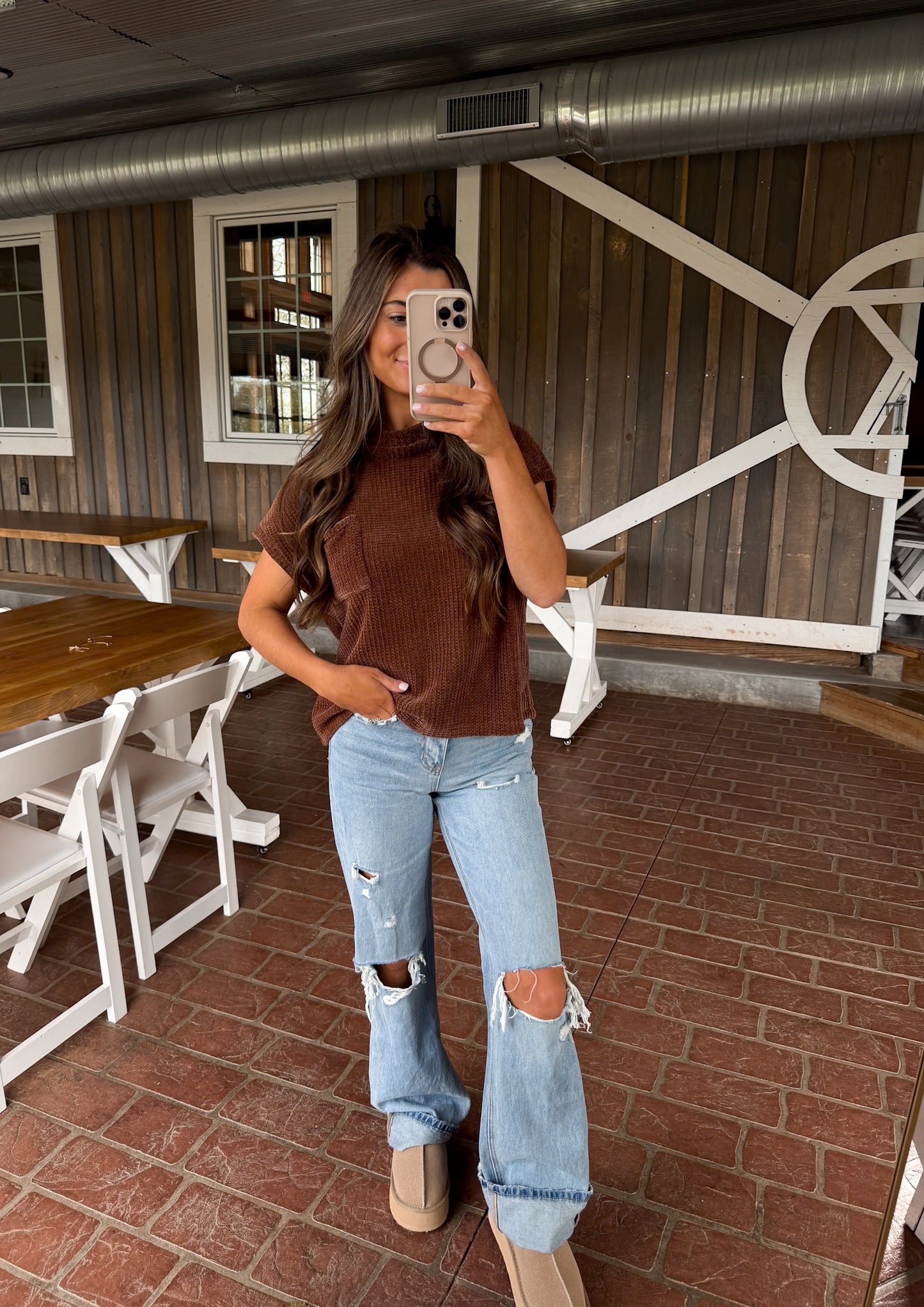 Chenille Waffle Short Sleeve Sweater- Brown DOORBUSTER