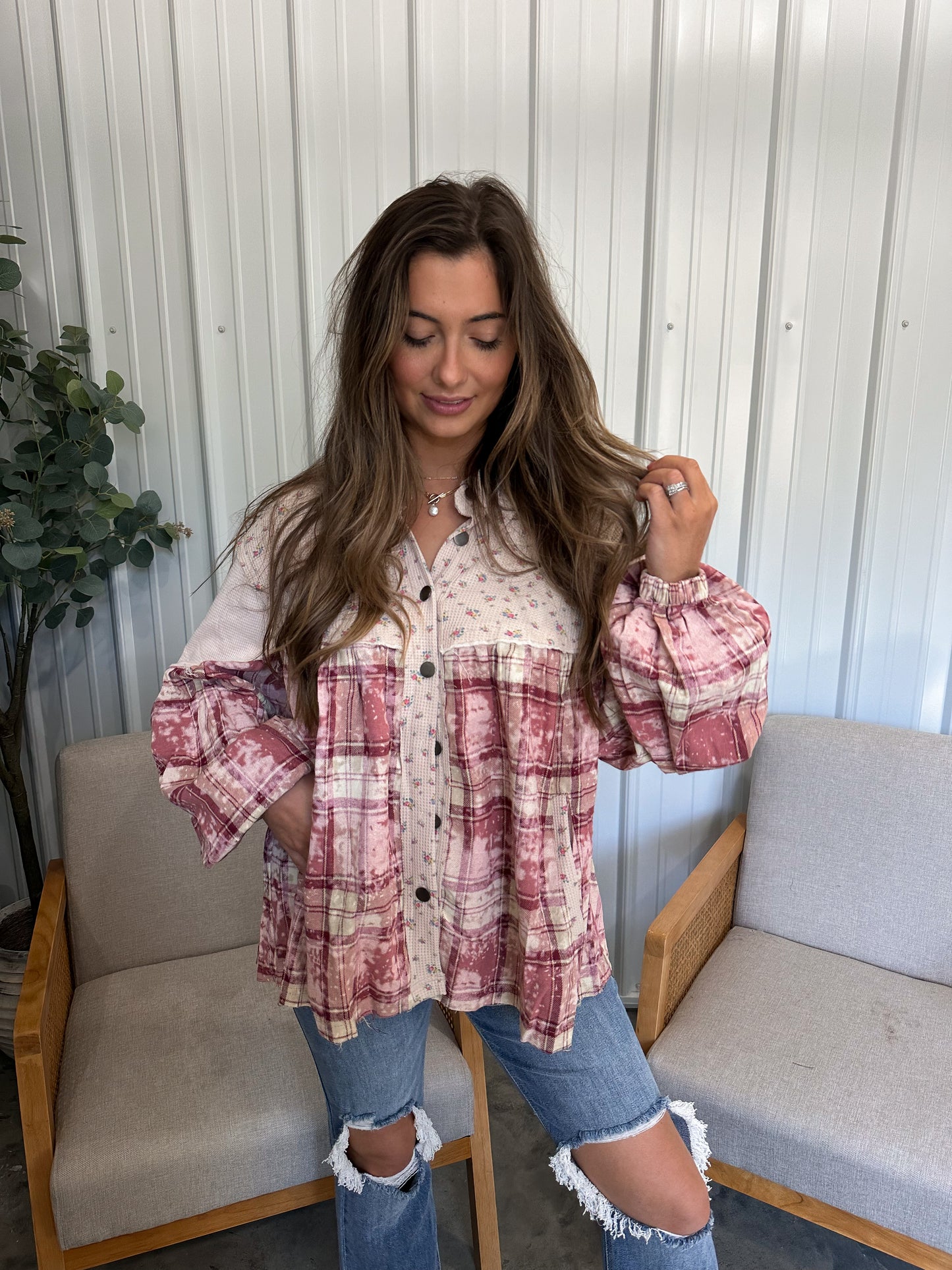 Penelope Plaid Printed Balloon Sleeve Blouse