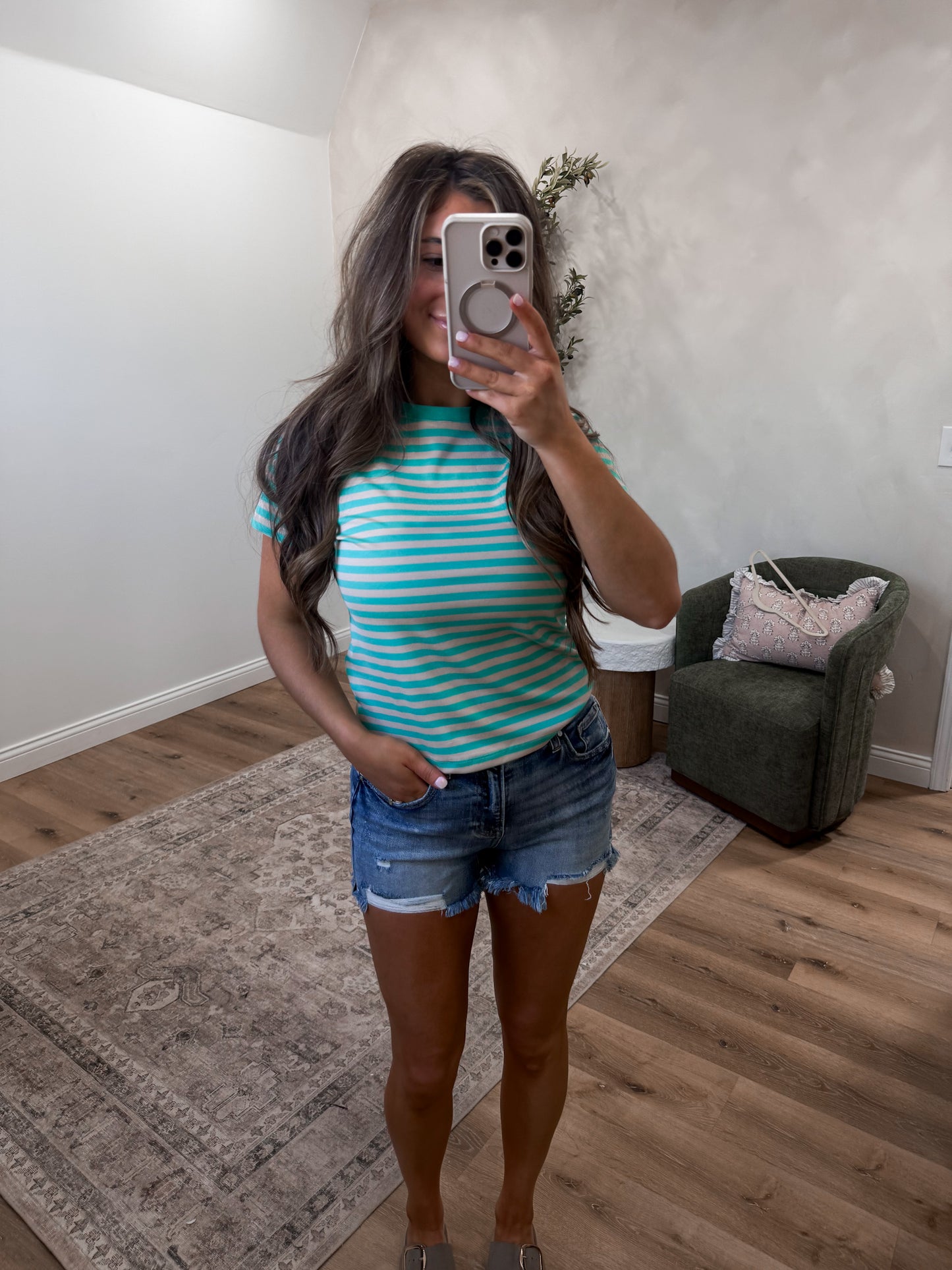 Brooklyn Contrast Striped Tee - teal/mocha