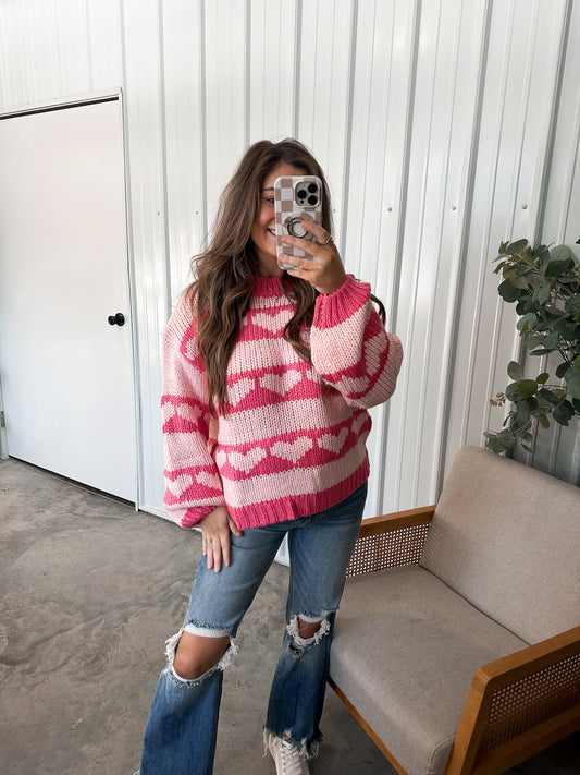 Heart Print Stripped Sweater