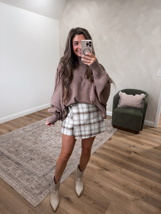 Chesnut Plaid Wrap Front Mini Skort - ivory/brown