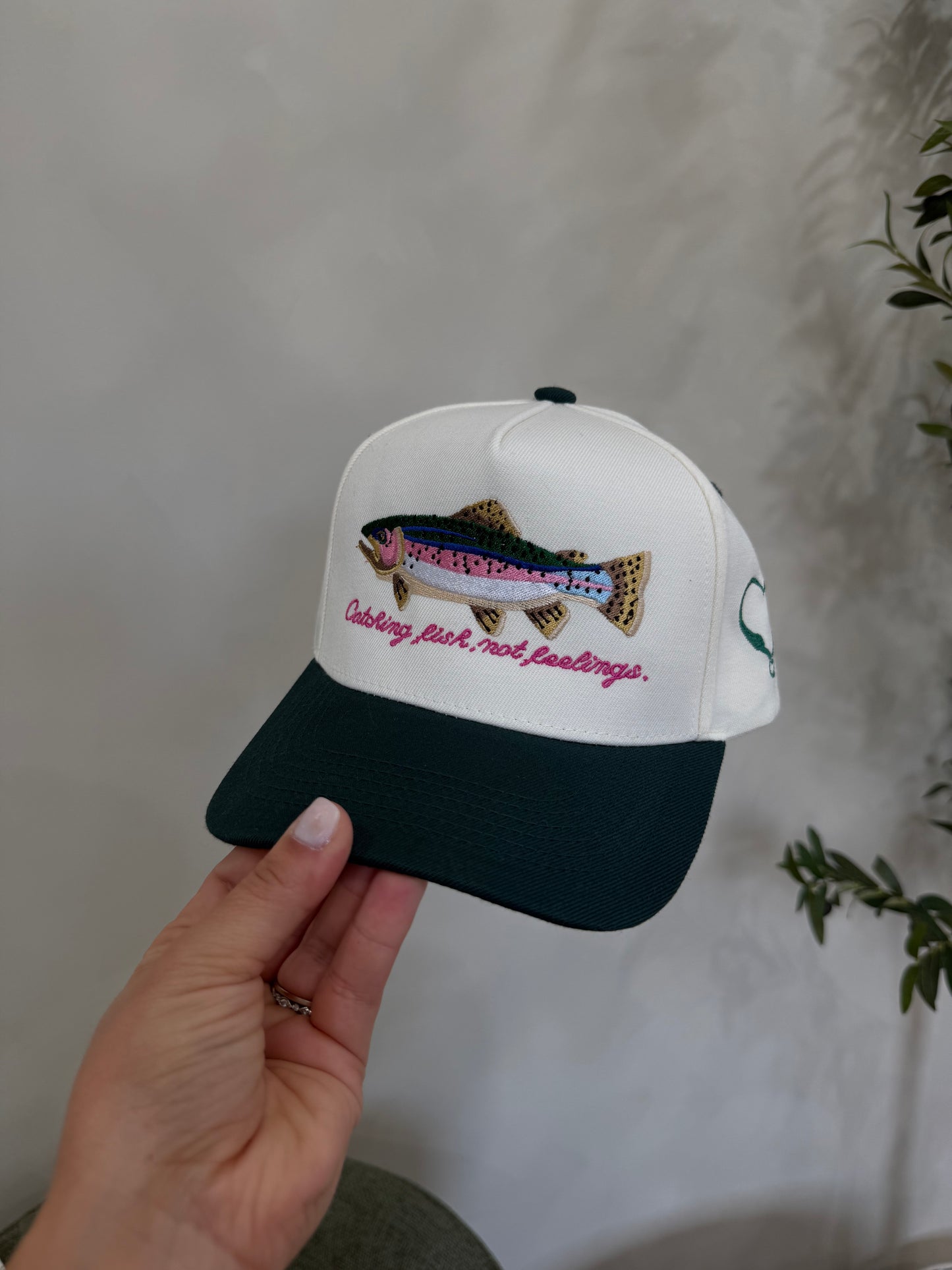 Catching Fish Not Feelings Trucker Hat - beige/dark green