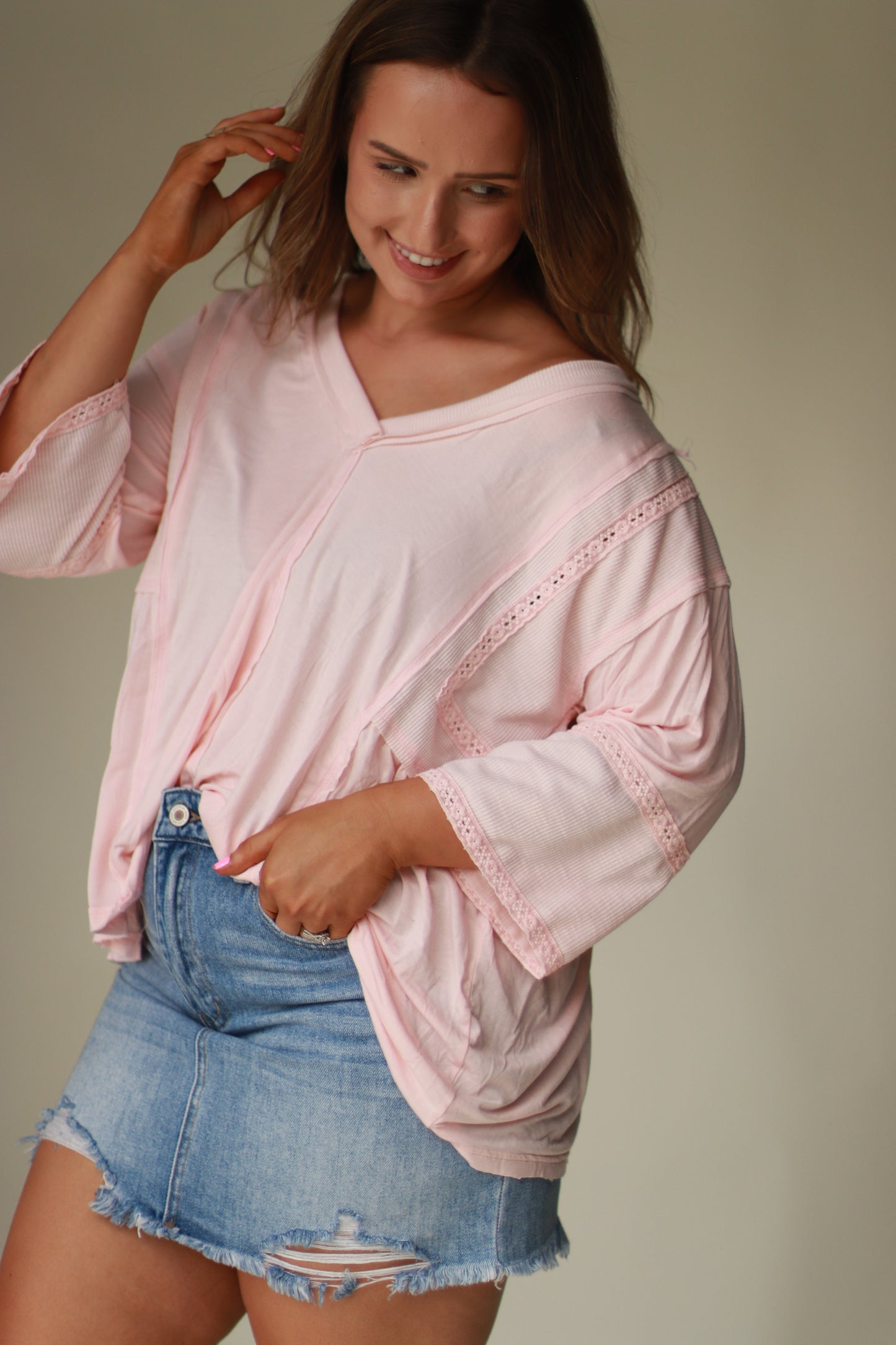 Lace Trim Relaxed Fit Top - Pink