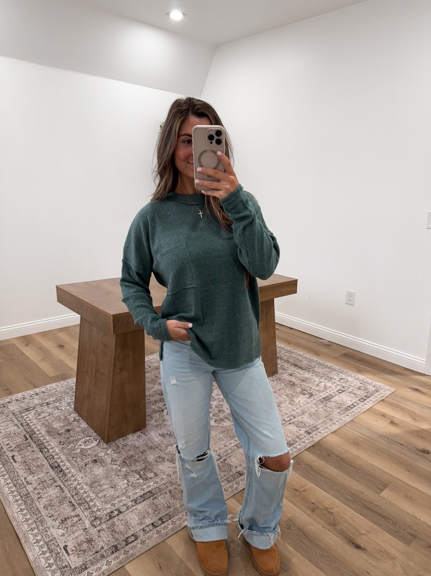 Ribbed Brushed pocket pullover - Ash Jade