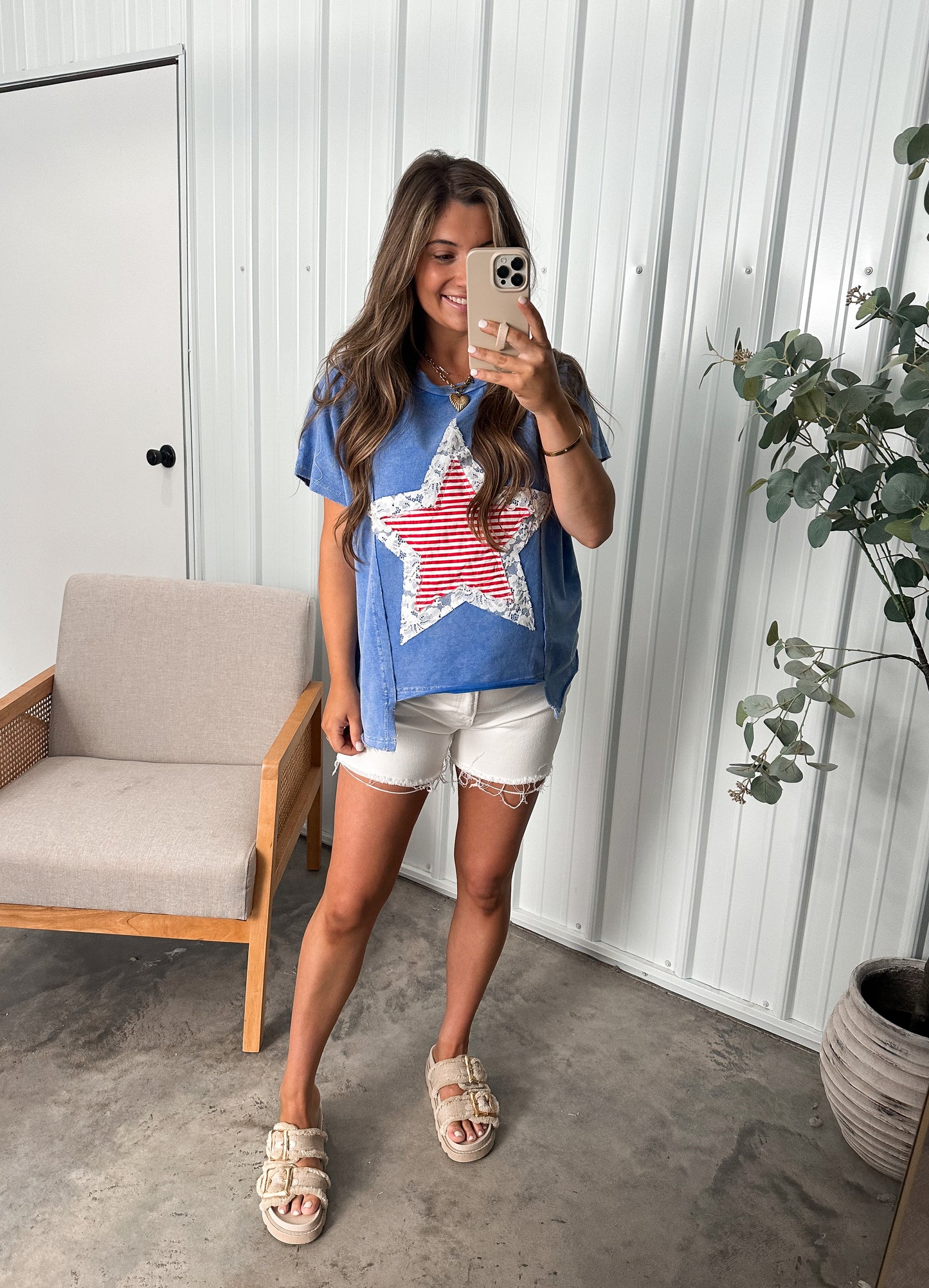 USA Striped Star Lace Patch Tee- Blue