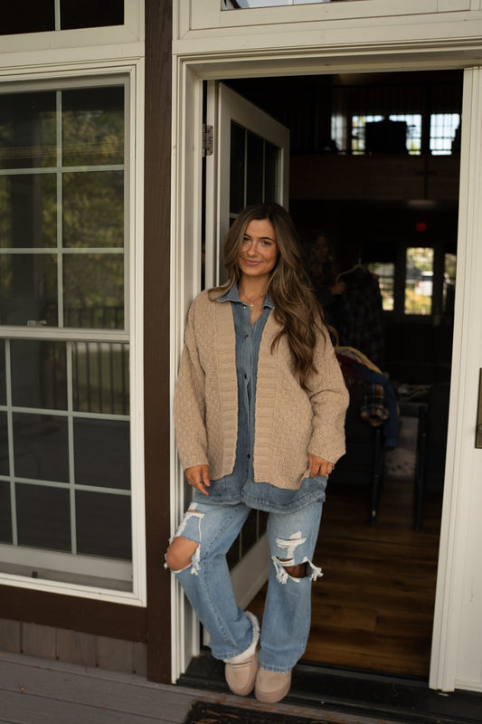 Washed Denim & knit Sweater Cardigan