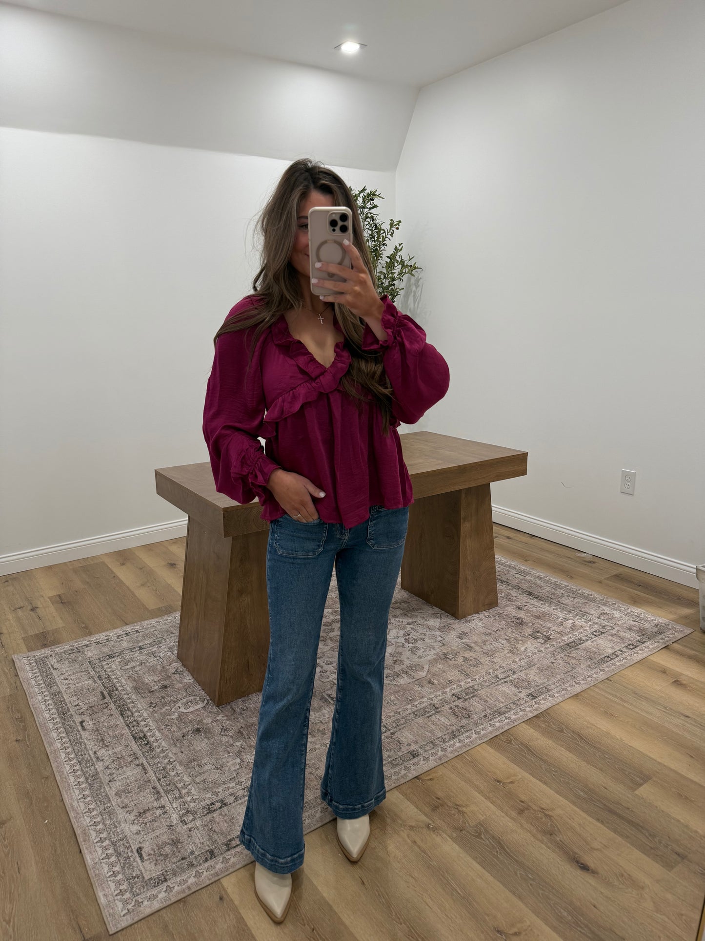 Satin Cross Ruffled Long Sleeve Blouse- Plum