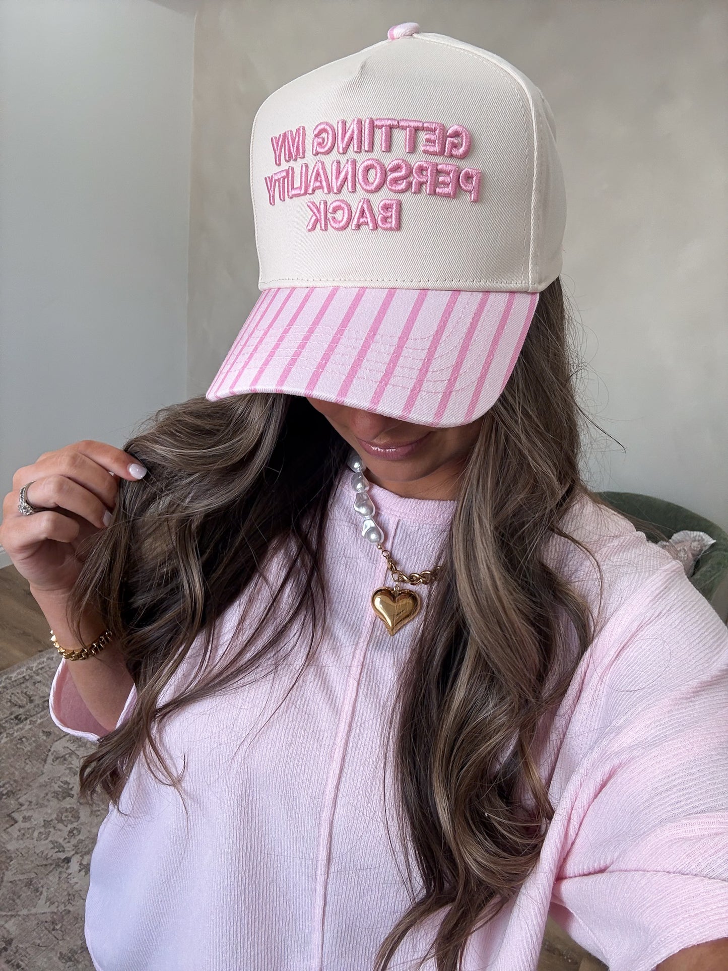 Getting My Personality Back Trucker Hat - beige/pink stripe