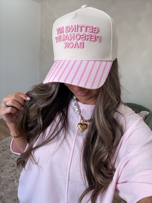 Getting My Personality Back Trucker Hat - beige/pink stripe