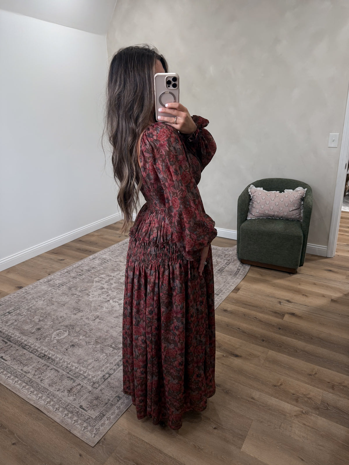 Cranberry Fields Floral Smocked Ruffle Maxi Dress
