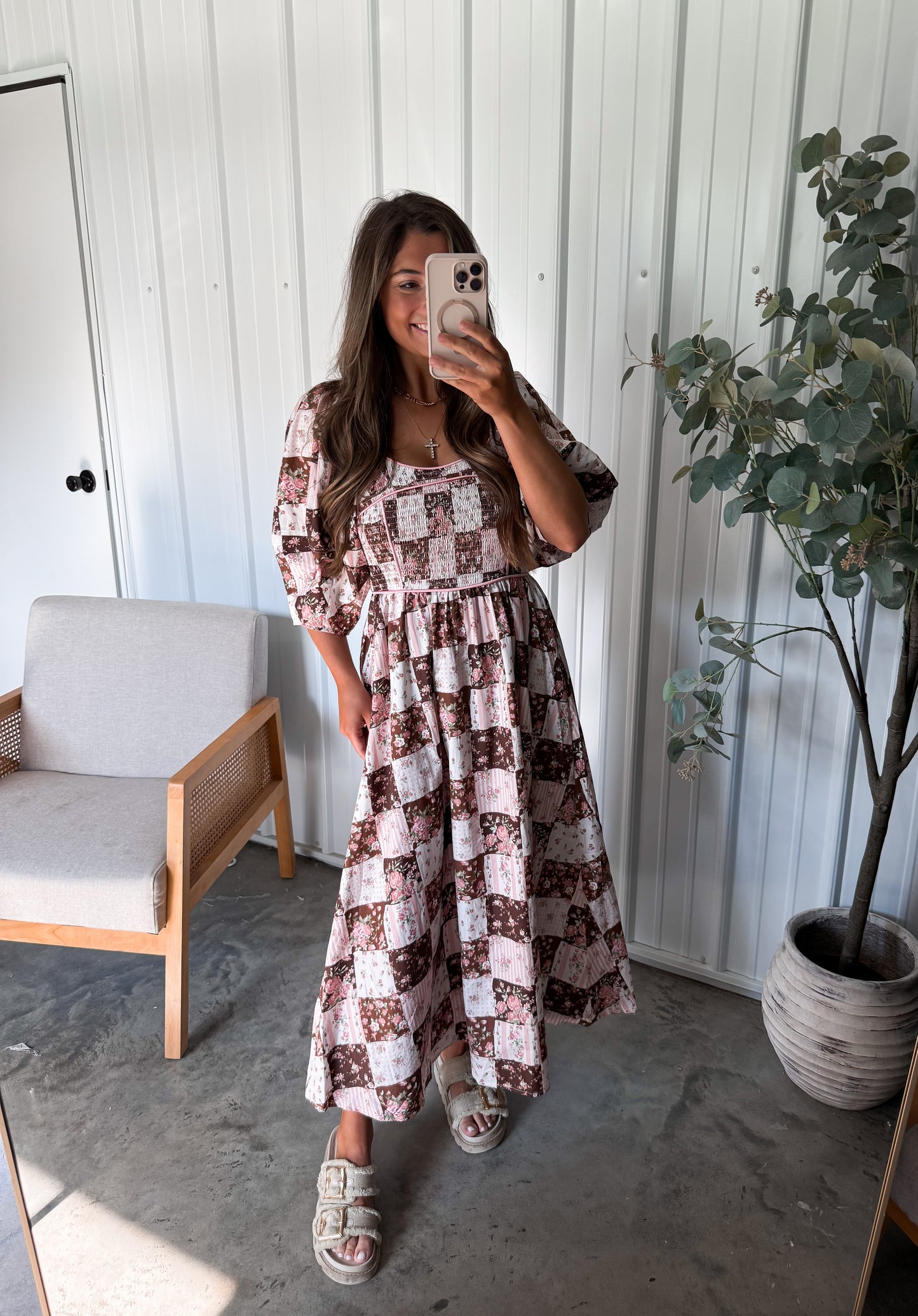 Pink Mocha Checkered Midi Dress