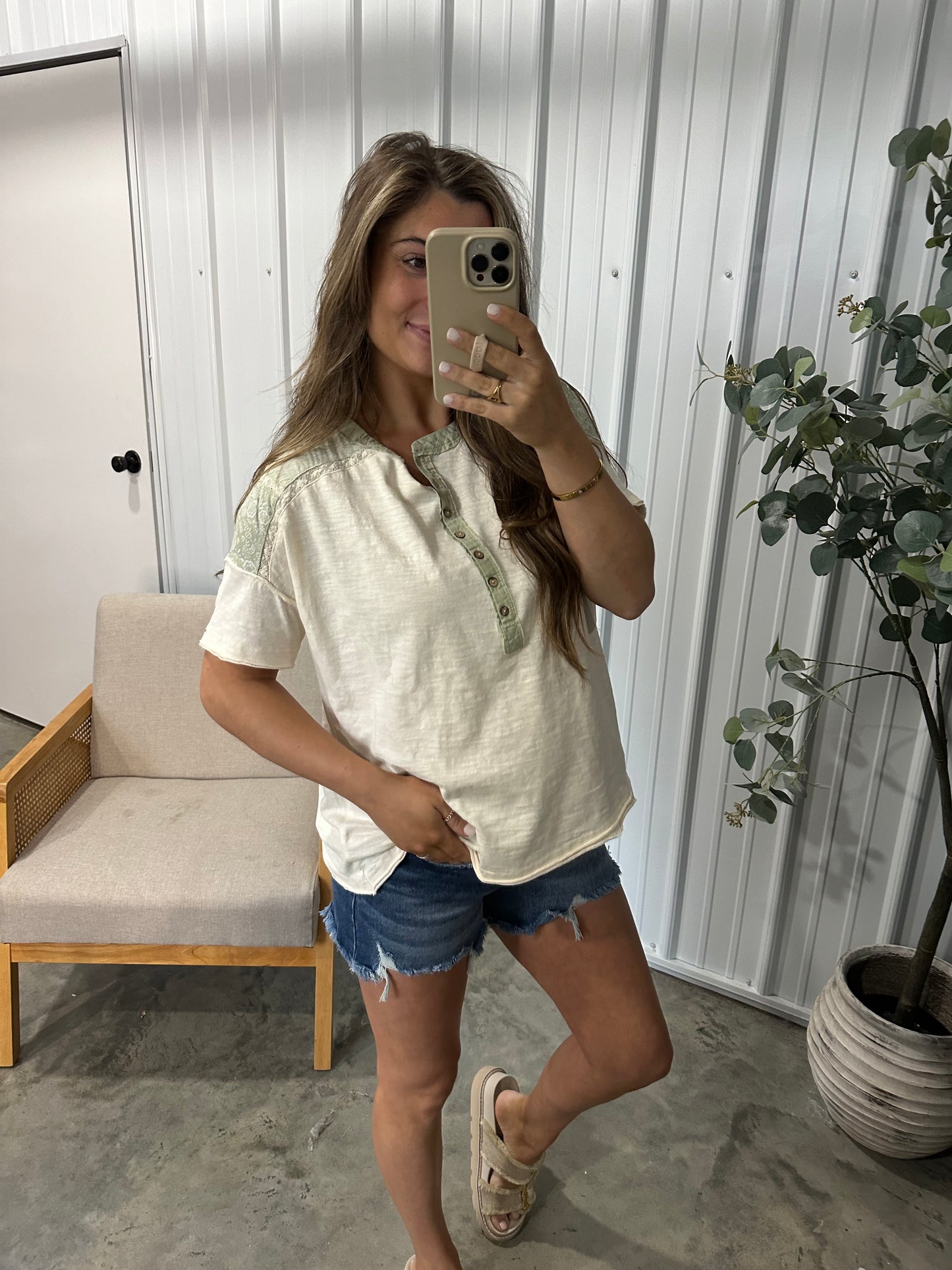 Annie Contrast Henley- Green Tea