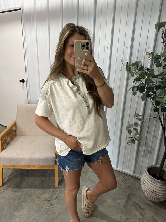 Annie Contrast Henley- Green Tea