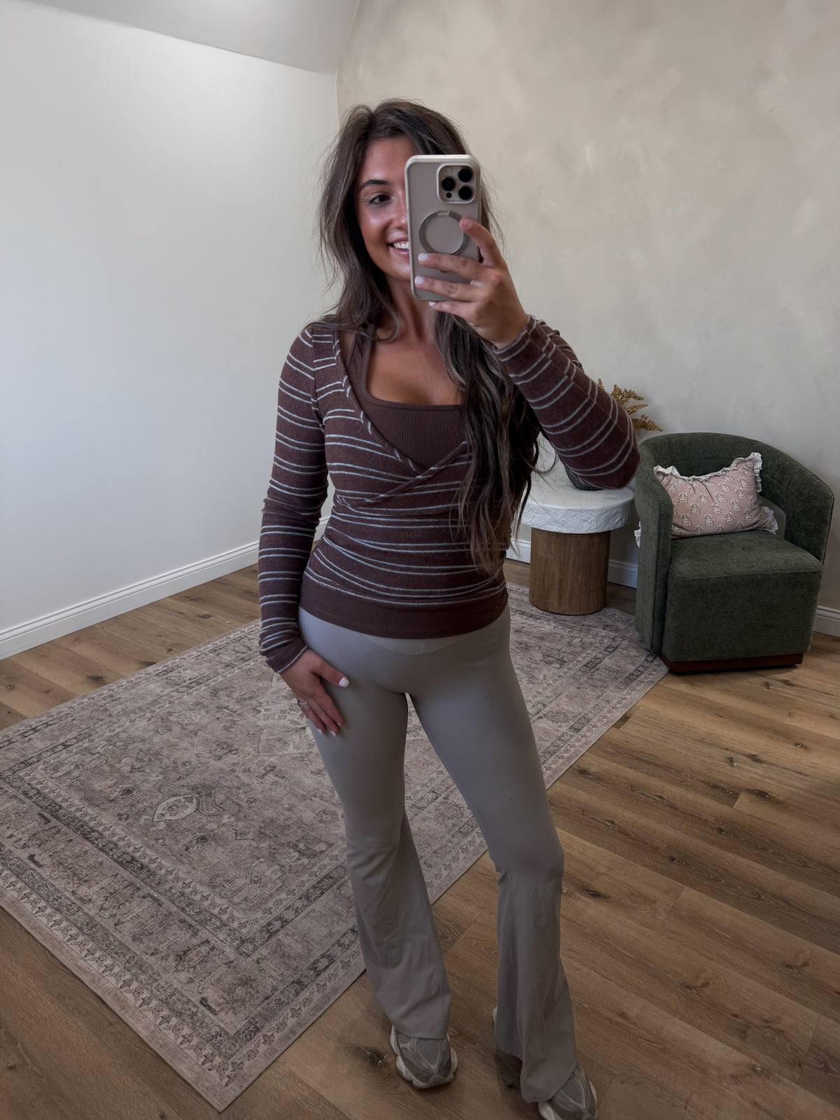 It girl Jersey Halter Neck Layered Striped Henley Top - Brown