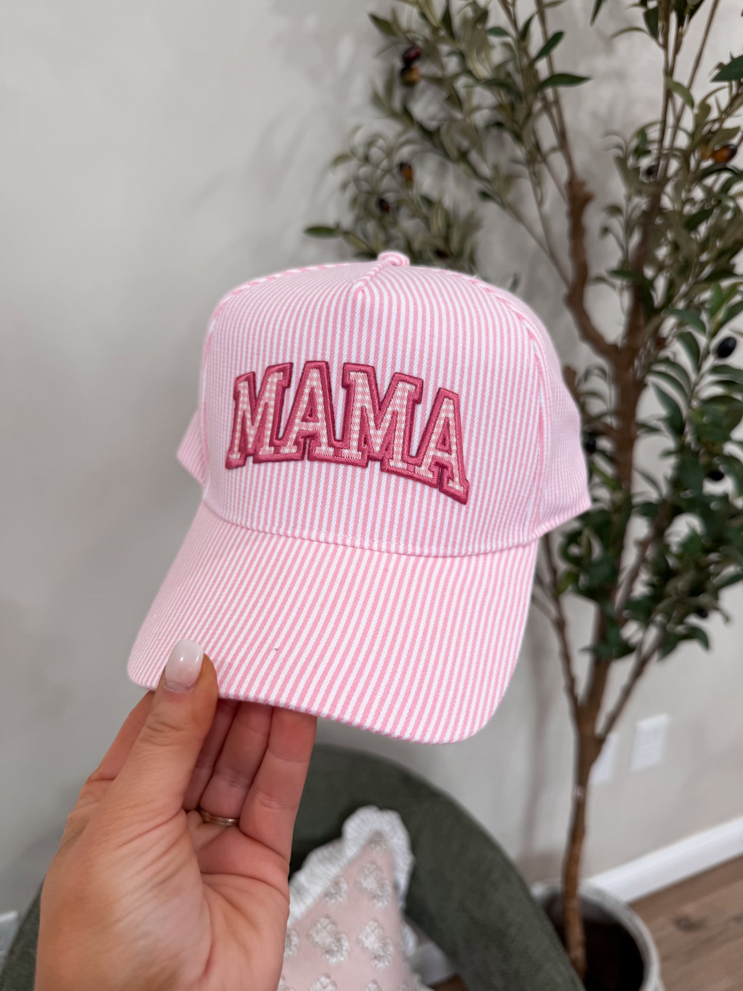 Embroidered "MAMA" Gingham Stripe Trucker Hat - pink
