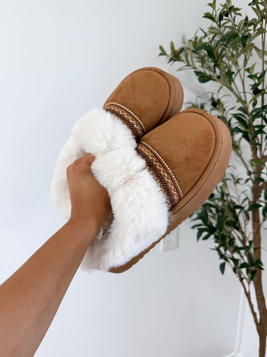 Faux Fur Suede Mule Slippers With Embroidered Trim - Cabin Fever 2 colors
